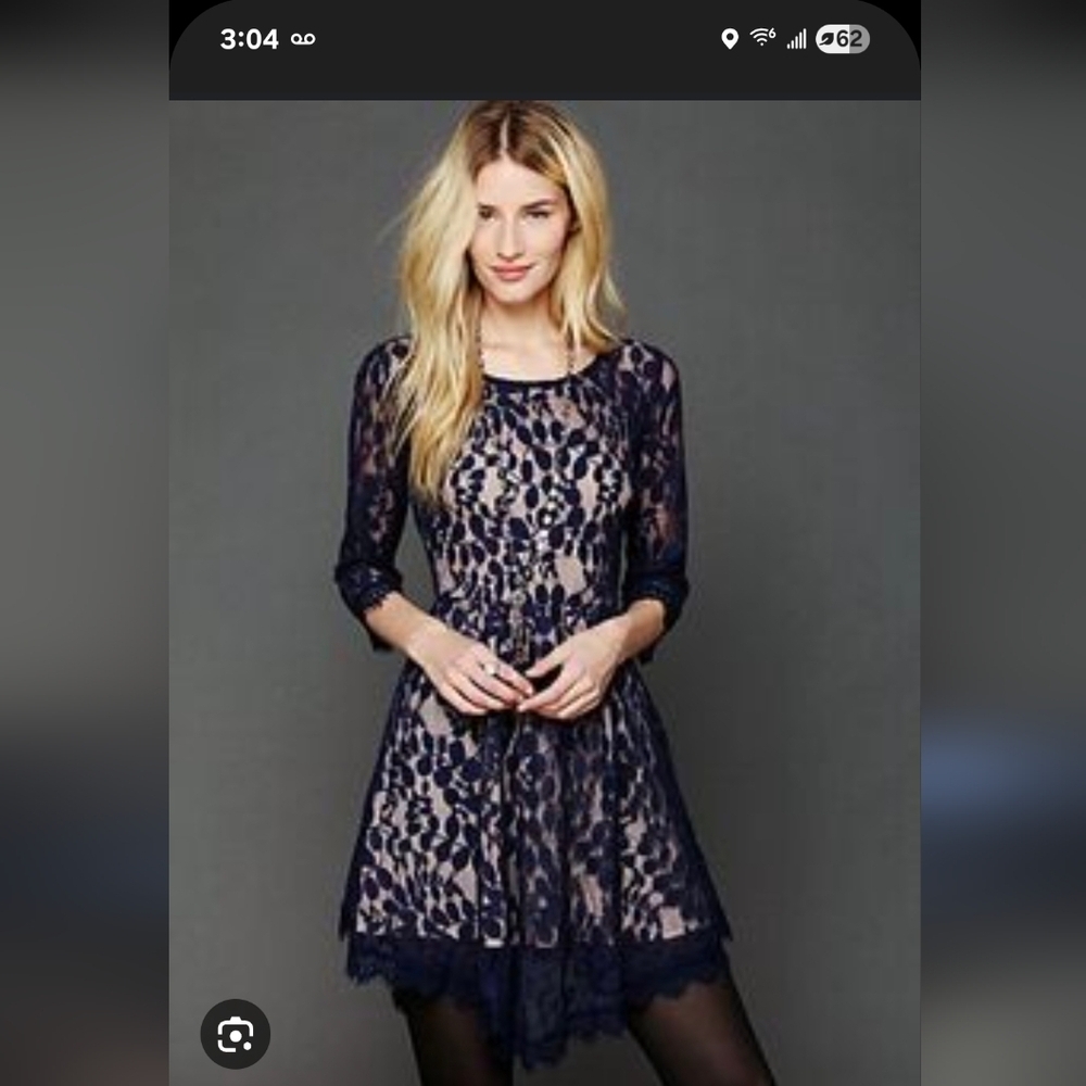 Free People Navy Lace Long Sleeve Dress
